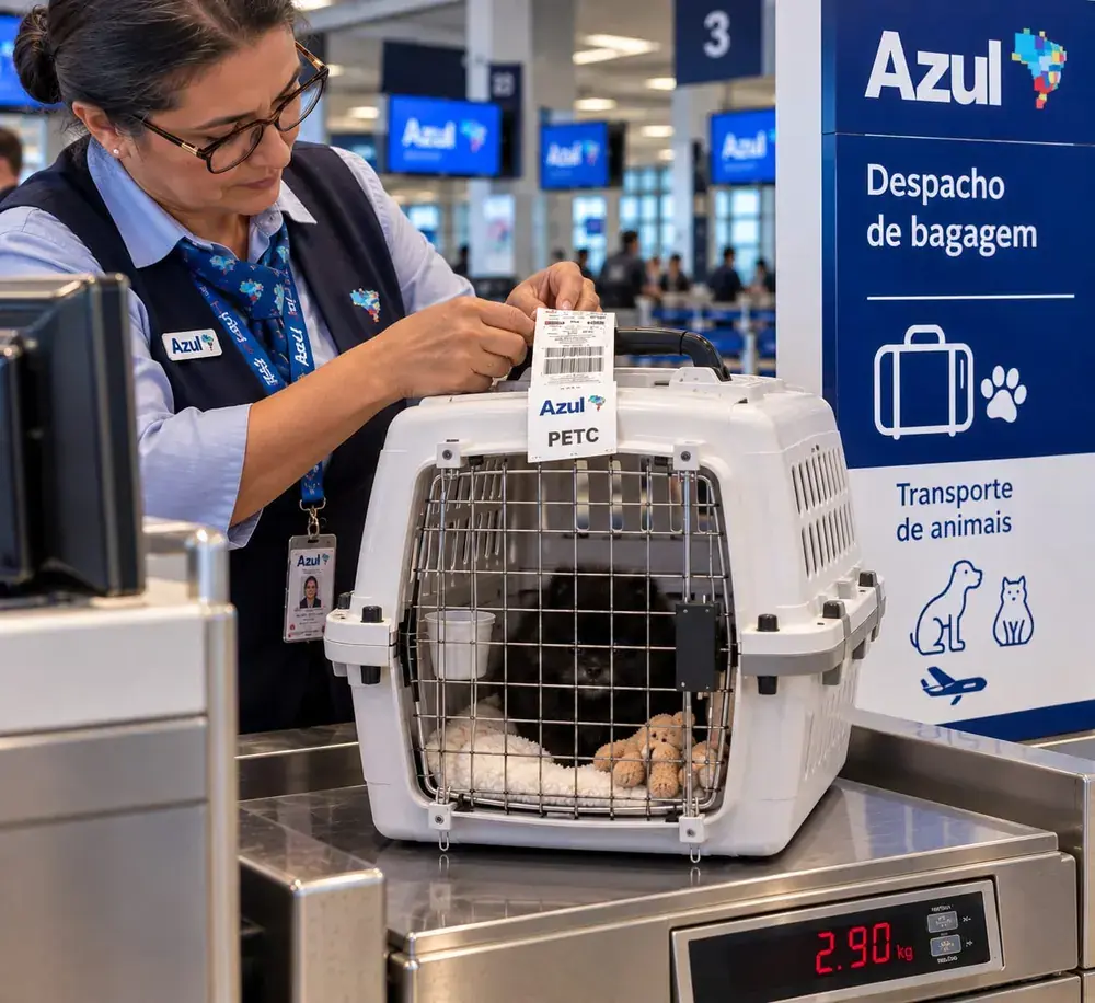 Imagem ilustrativa de preparação de um Spitz preto em caixa de transporte branca em balcão com comunicação visual da Azul