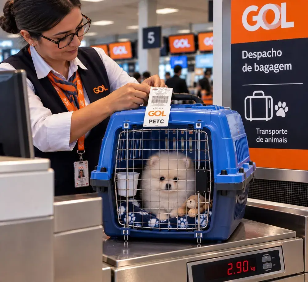 Imagem ilustrativa de preparação de um Spitz branco em caixa de transporte azul em balcão com comunicação visual da GOL