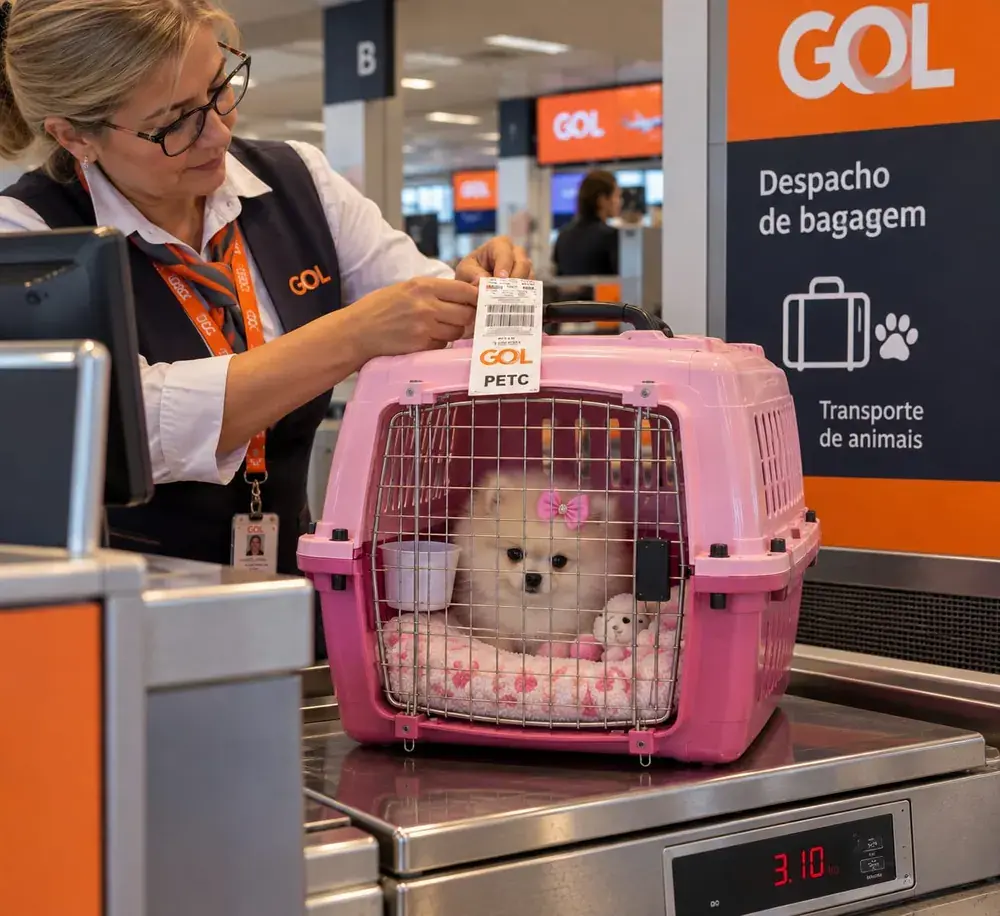 Imagem ilustrativa de preparação de um Spitz branco em caixa de transporte rosa em balcão com comunicação visual da GOL
