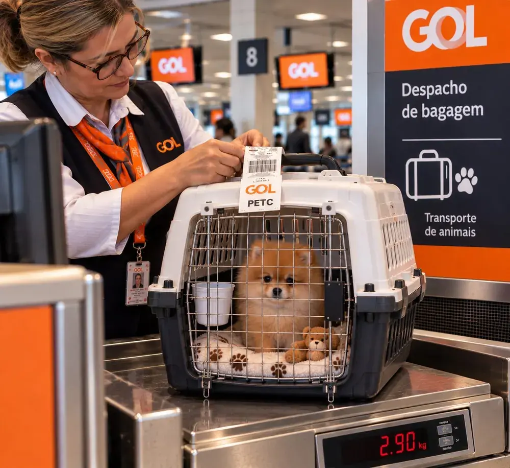 Imagem ilustrativa de preparação de um Spitz laranja em caixa de transporte branca em balcão com comunicação visual da GOL