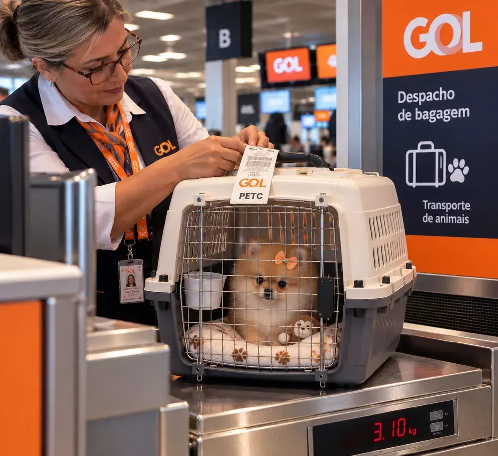 Imagem ilustrativa de preparação de um Spitz laranja em caixa de transporte cinza em balcão com comunicação visual da GOL