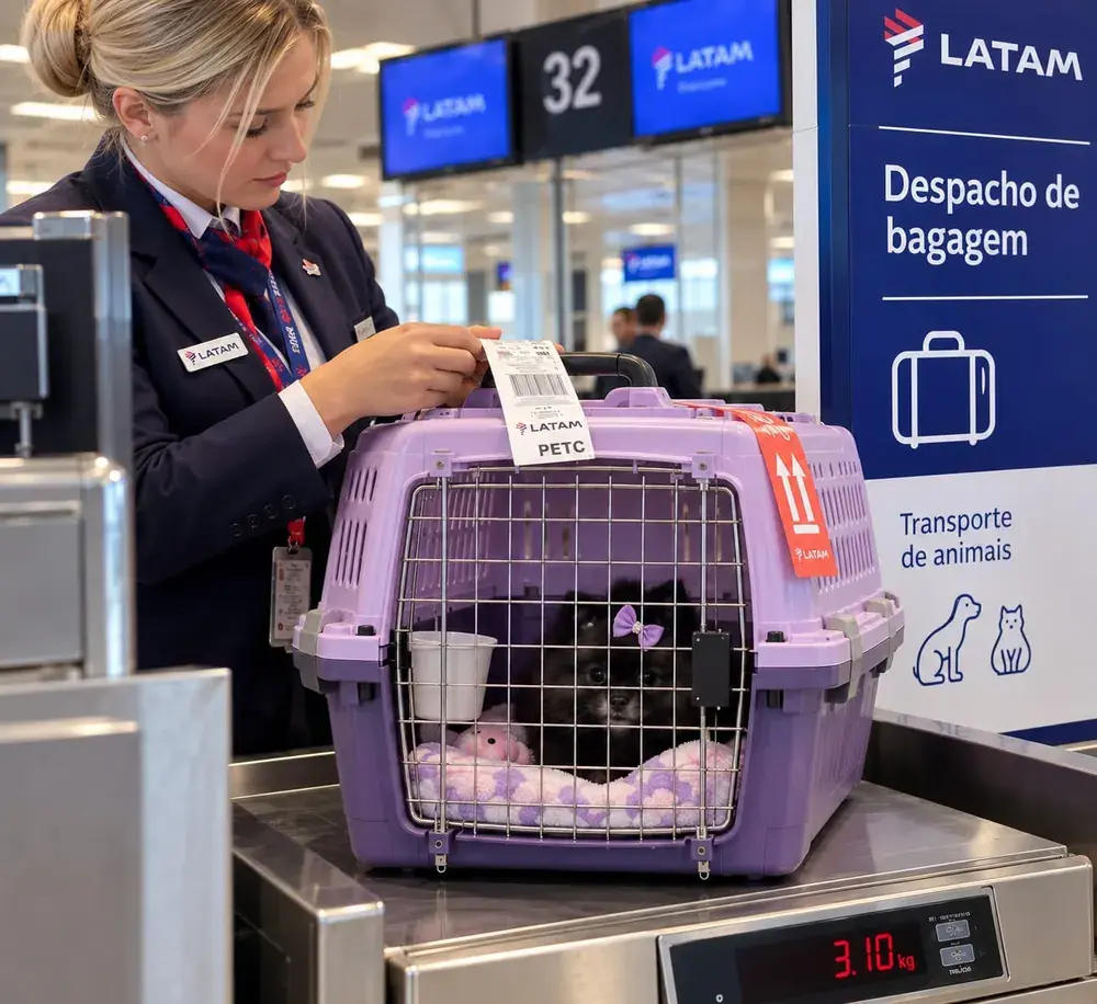 Imagem ilustrativa de preparação de um Spitz preto em caixa de transporte lilás em balcão com comunicação visual da LATAM