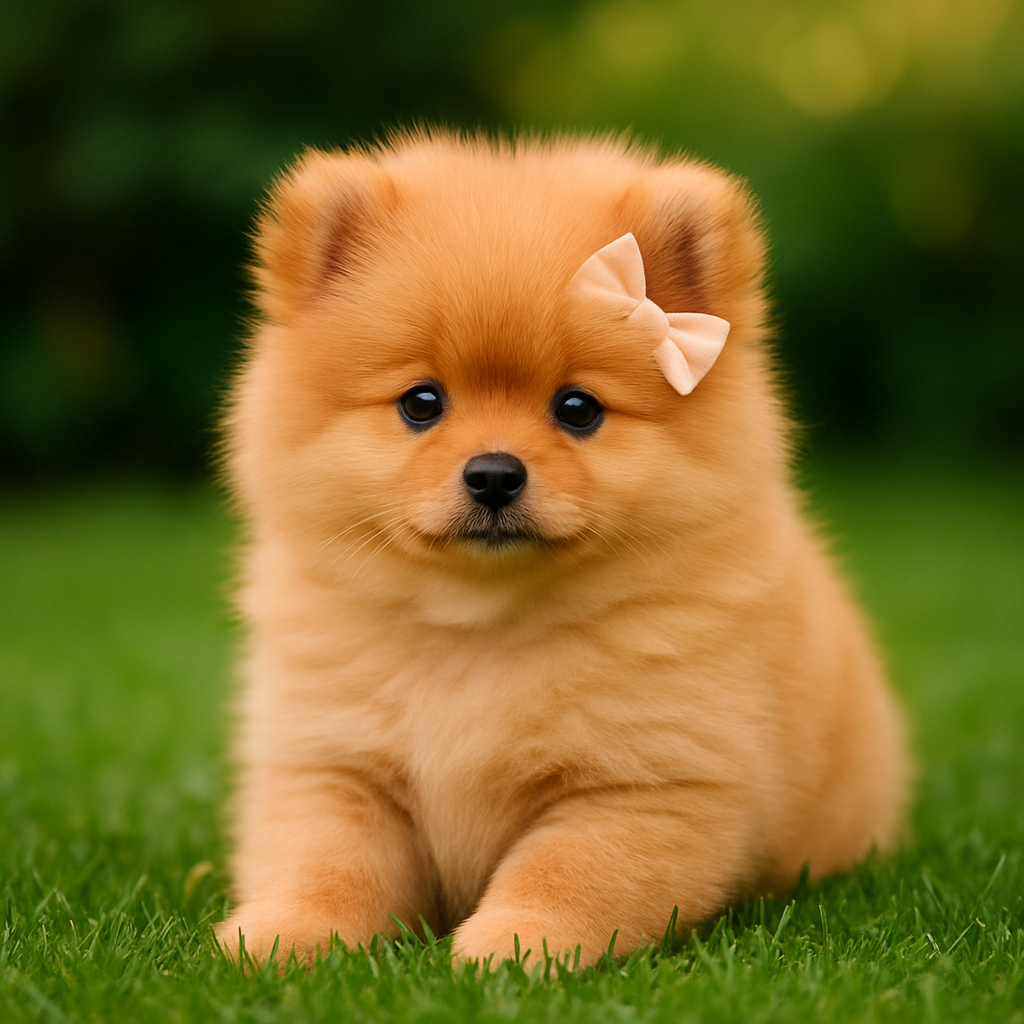 spitz alemão anão fêmea laranja com laço pequeno na grama