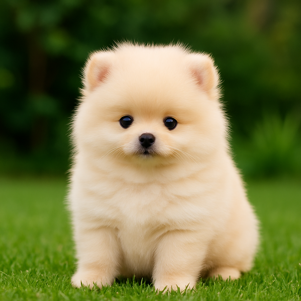 spitz alemão anão macho creme sentado na grama