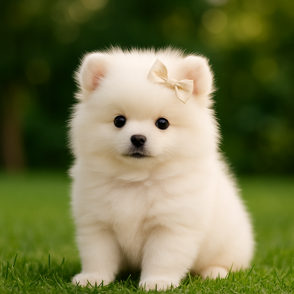 spitz alemão anão fêmea branca com laço sutil no jardim