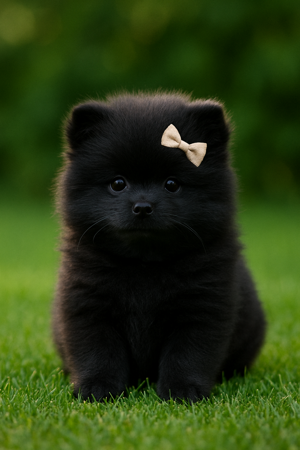 spitz alemão anão fêmea preta com laço no jardim