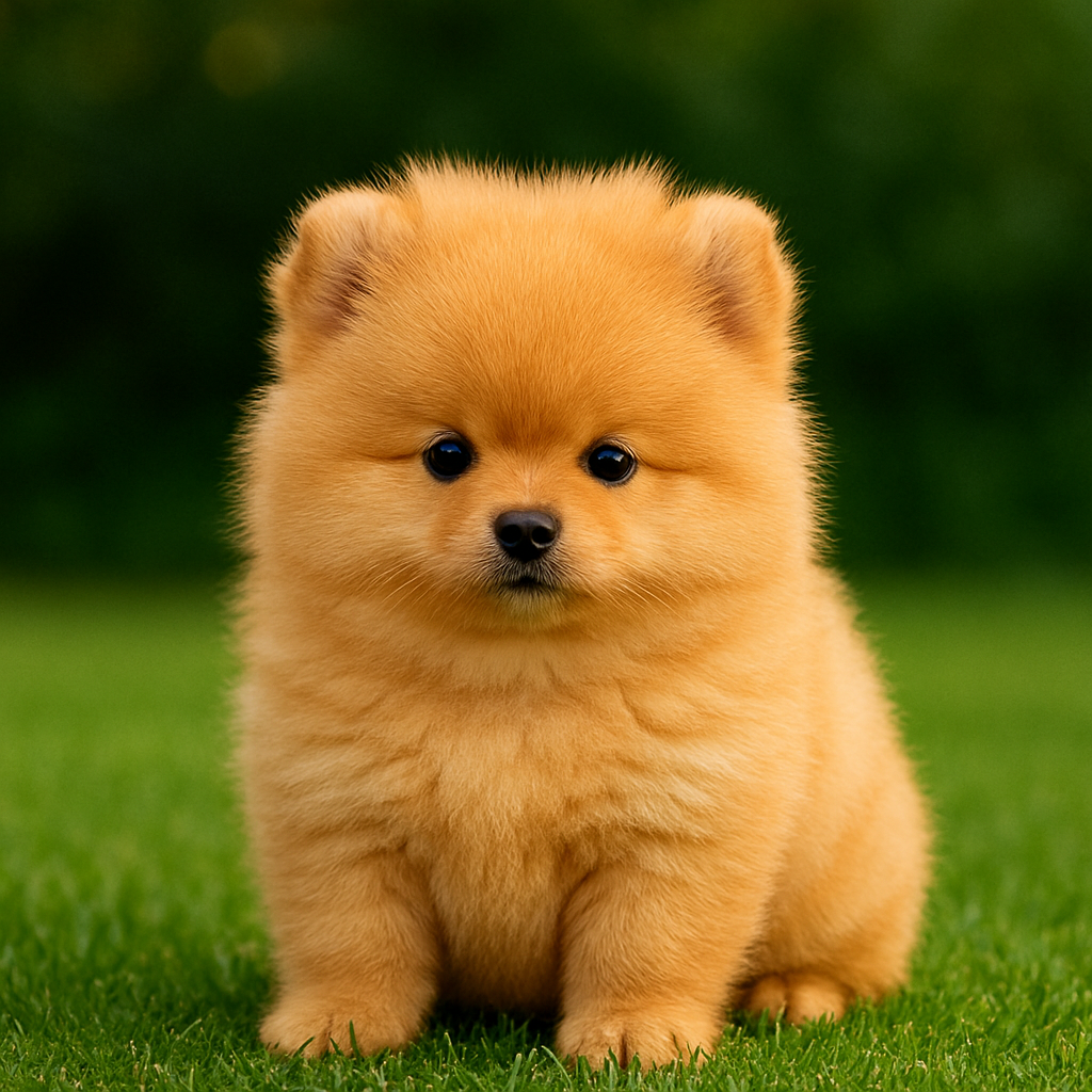 spitz alemão anão macho laranja estilo ursinho sentado na grama