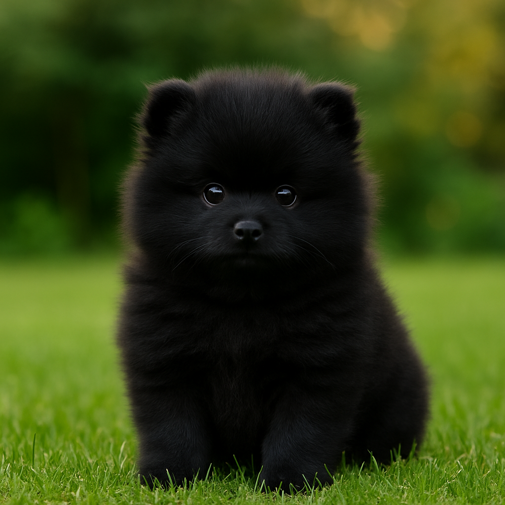 spitz alemão anão preto filhote estilo ursinho sentado na grama