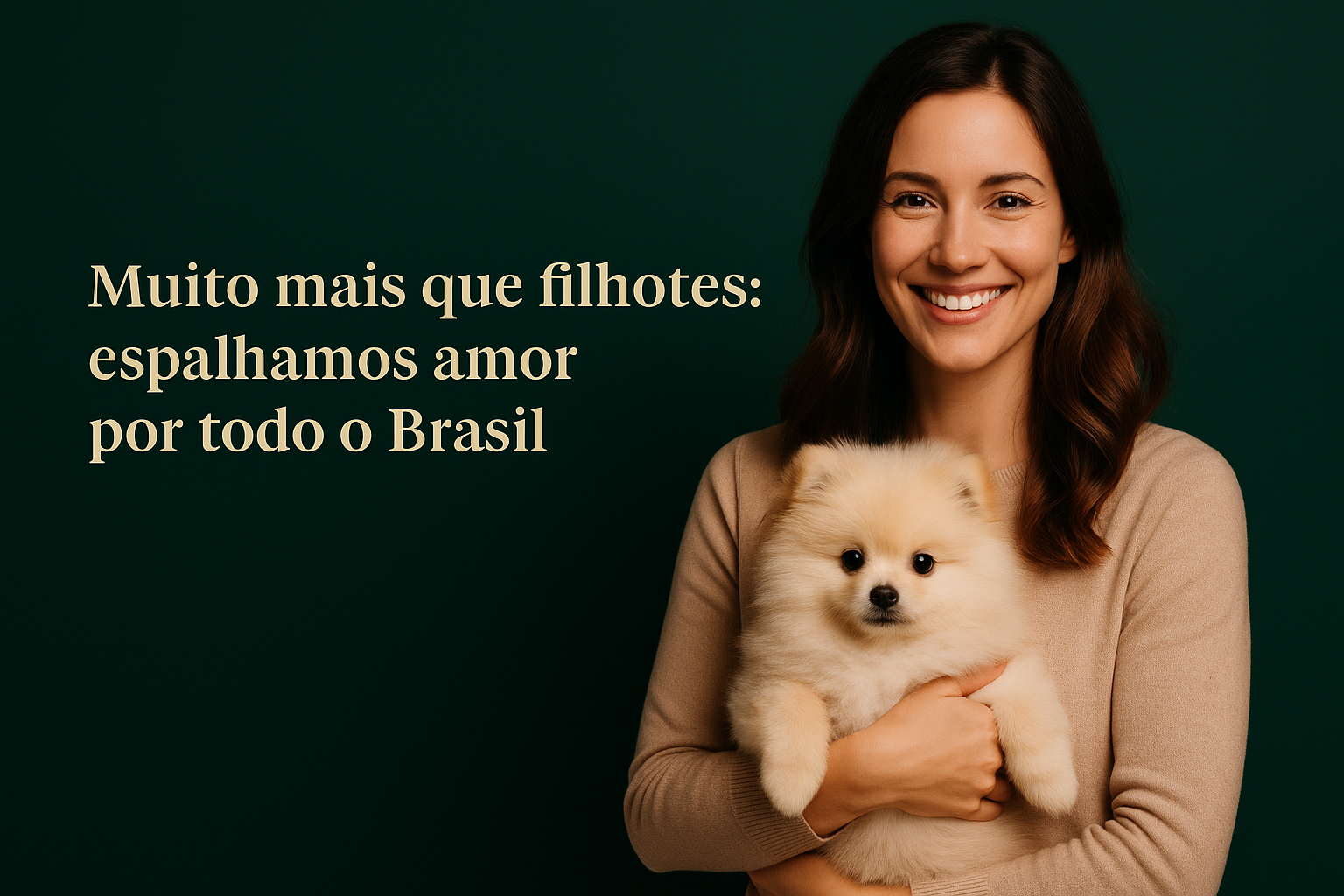Tutora sorrindo com filhote de Spitz Alemão Anão no colo em ambiente afetivo
